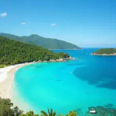 Rajska plaża z turkusową wodą i zielonymi wzgórzami. Idealne miejsce, by zastanowić się, kiedy lecieć na Filipiny.