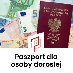 Czerwony paszport RP leży na banknotach euro. Dowiedz się, jak zapłacić za paszport.