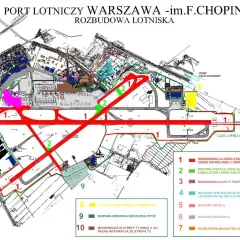 Plan rozbudowy Lotniska Chopina w Warszawie. Widać modernizację dróg startowych (1) i budowę nowych dróg szybkiego zejścia (2).