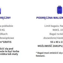 Wizzair: co można przewozić w bagażu podręcznym? Mały plecak (40x30x20cm) lub większa walizka (55x40x23cm) z Wizz Priority. Limit wagowy 10kg.