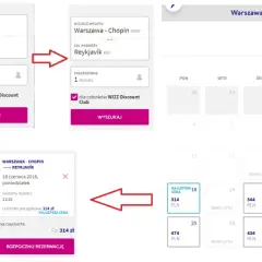 Interfejs Wizzair: formularz wyszukiwania lotów, kalendarz z cenami i szczegóły rezerwacji.