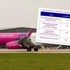 Różowy samolot Wizz Air na płycie lotniska obok tabeli z cenami biletów.