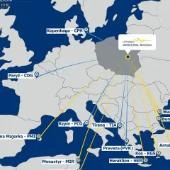 Mapa połączeń z lotniska Warszawa-Radom: Kopenhaga, Paryż, Rzym, Tirana, Palma Majorka, Monastyr, Warna, Burgas, Antalya, Kos, Heraklion. Gdzie można polecieć z Radomia?