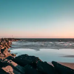 Kamienista plaża, fale i mewy na tle zachodzącego słońca. Idealne miejsce, kiedy jod nad morzem.