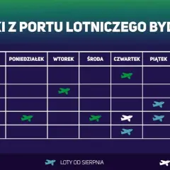 Rozkład lotów z Bydgoszczy: Ryanair oferuje loty do Dublina w czwartki i soboty.