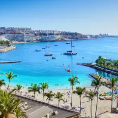Gran Canaria loty bezpośrednie: słoneczna plaża, palmy, turkusowa woda i białe budynki hotelowe tworzą rajski widok.