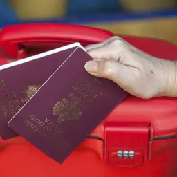 Dłoń trzyma polskie paszporty na czerwonej walizce. Kto może odebrać paszport osoby dorosłej? Tylko ona!