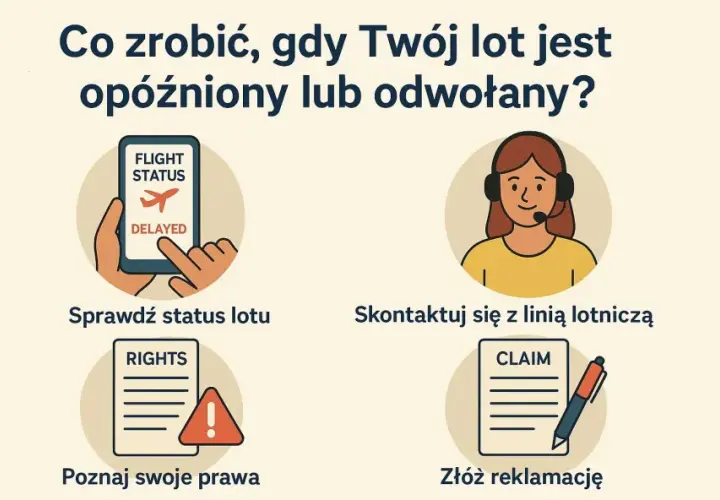 Co zrobić, gdy lot jest opóźniony lub odwołany? Sprawdź status lotu, skontaktuj się z linią lotniczą, poznaj swoje prawa i złóż reklamację. Dowiedz się, gdzie sprawdzić odwołane loty.