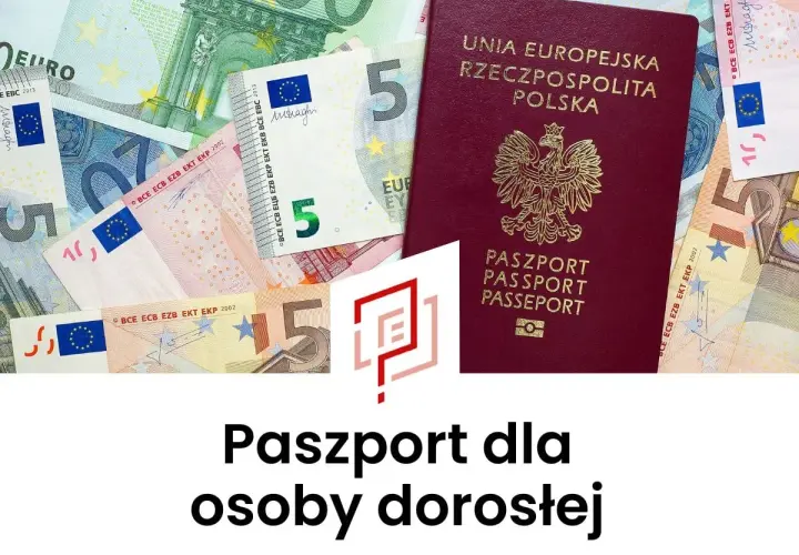 Czerwony paszport RP leży na banknotach euro. Dowiedz się, jak zapłacić za paszport.