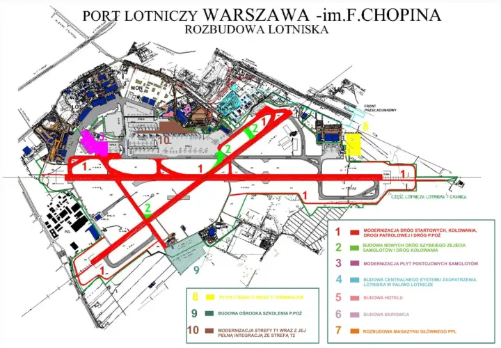 Plan rozbudowy Lotniska Chopina w Warszawie. Widać modernizację dróg startowych (1) i budowę nowych dróg szybkiego zejścia (2).