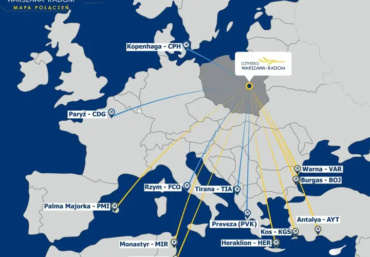 Mapa połączeń z lotniska Warszawa-Radom: Kopenhaga, Paryż, Rzym, Tirana, Palma Majorka, Monastyr, Warna, Burgas, Antalya, Kos, Heraklion. Gdzie można polecieć z Radomia?
