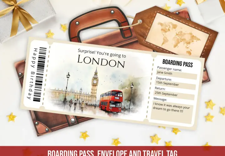 Karta pokładowa z napisem "Surprise! You're going to LONDON" i widokiem na czerwony autobus i Big Ben. Obok prezent i brązowa metka podróżna.