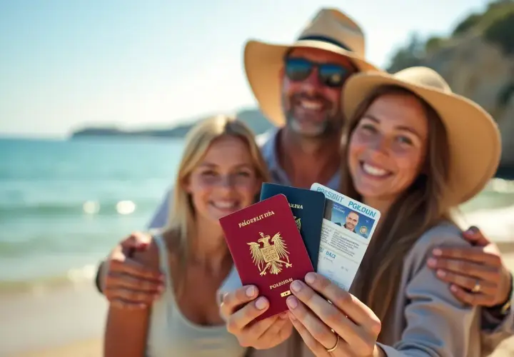 Rodzina na plaży trzyma paszporty. Czy do Hiszpanii potrzebny jest paszport? Tak, dla obywateli spoza UE.