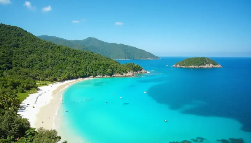 Rajska plaża z turkusową wodą i zielonymi wzgórzami. Idealne miejsce, by zastanowić się, kiedy lecieć na Filipiny.