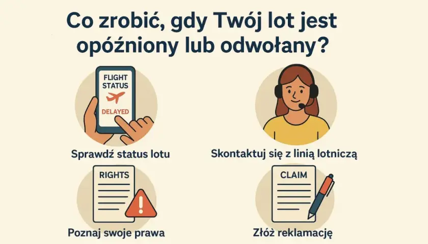 Co zrobić, gdy lot jest opóźniony lub odwołany? Sprawdź status lotu, skontaktuj się z linią lotniczą, poznaj swoje prawa i złóż reklamację. Dowiedz się, gdzie sprawdzić odwołane loty.