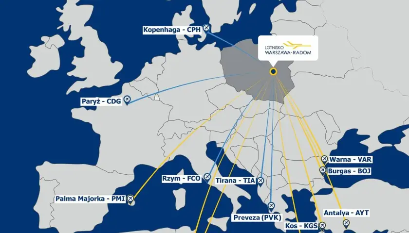 Mapa połączeń z lotniska Warszawa-Radom: Kopenhaga, Paryż, Rzym, Tirana, Palma Majorka, Monastyr, Warna, Burgas, Antalya, Kos, Heraklion. Gdzie można polecieć z Radomia?