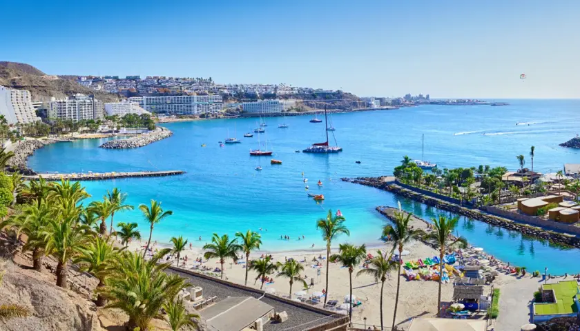Gran Canaria loty bezpośrednie: słoneczna plaża, palmy, turkusowa woda i białe budynki hotelowe tworzą rajski widok.