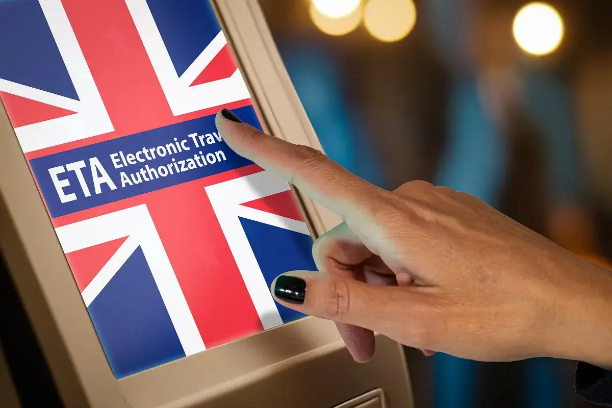 Palec dotyka ekranu z flagą Wielkiej Brytanii i napisem ETA. Czy do Londynu trzeba mieć wizę? ETA to elektroniczne zezwolenie na podróż.