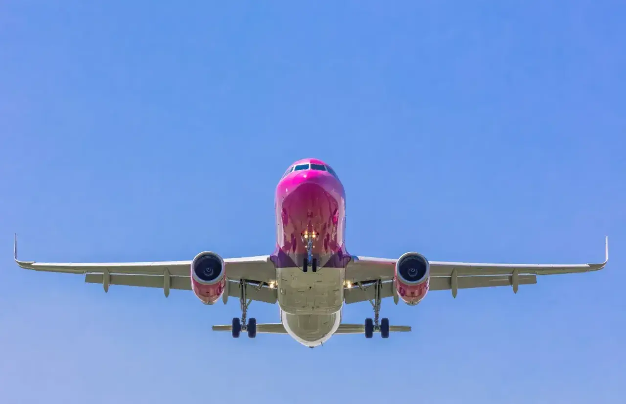 Różowy samolot Wizzair z wysuniętym podwoziem, gotowy do lądowania. Tak wygląda odprawa online Wizzair - szybko i sprawnie!