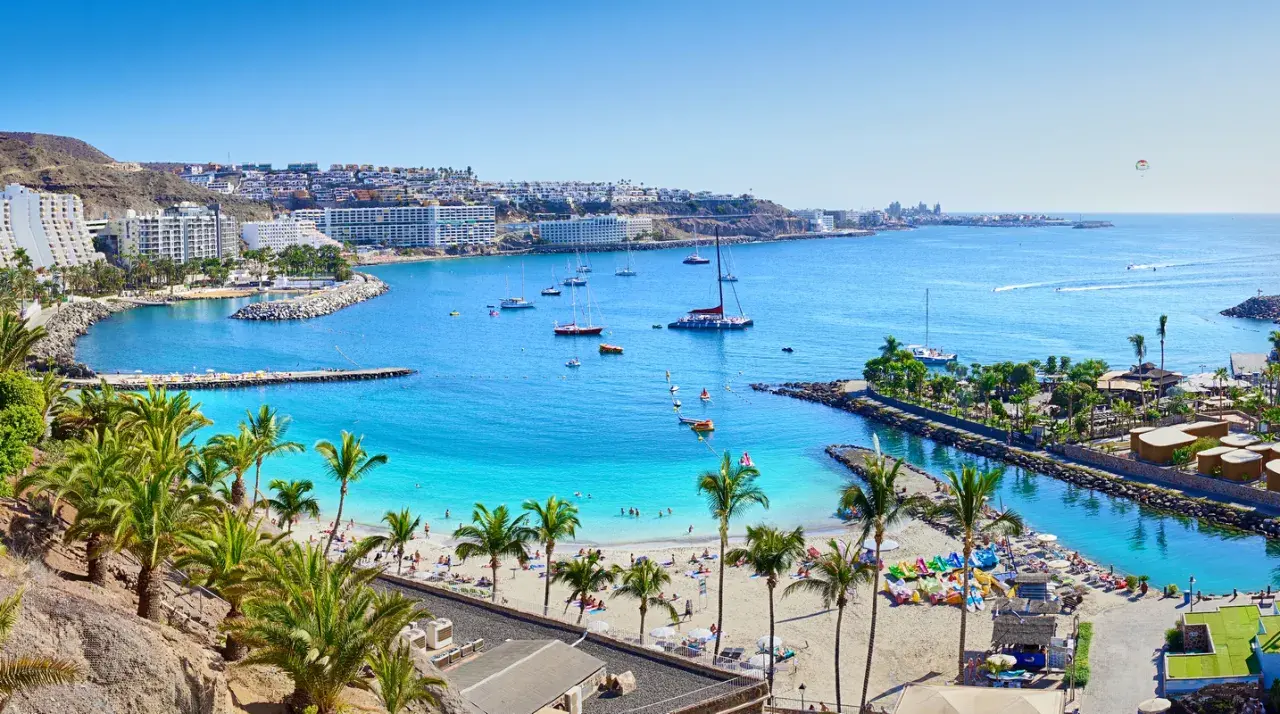 Gran Canaria loty bezpośrednie: słoneczna plaża, palmy, turkusowa woda i białe budynki hotelowe tworzą rajski widok.