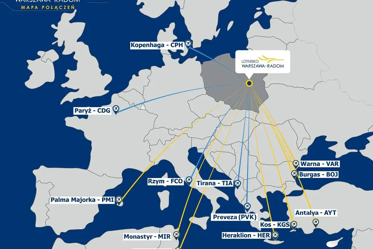 Mapa połączeń z lotniska Warszawa-Radom: Kopenhaga, Paryż, Rzym, Tirana, Palma Majorka, Monastyr, Warna, Burgas, Antalya, Kos, Heraklion. Gdzie można polecieć z Radomia?