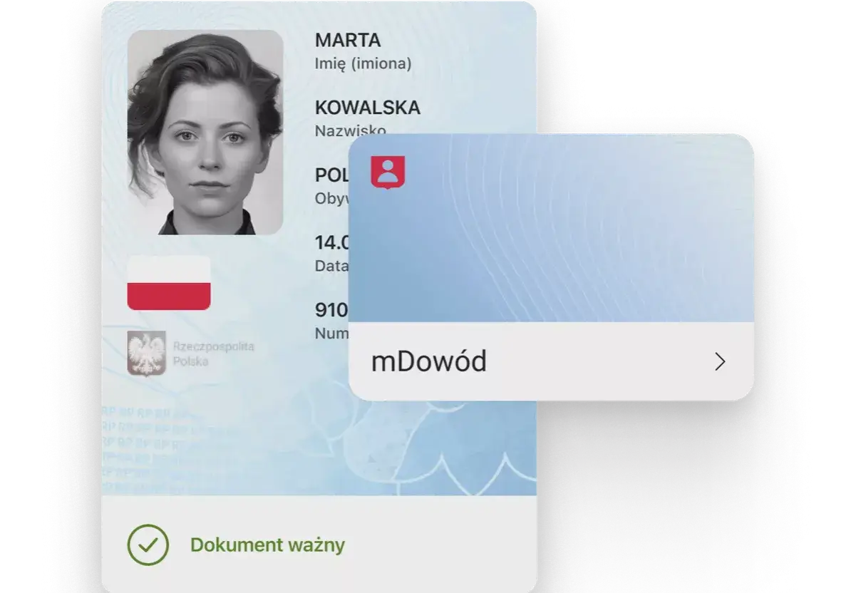 Czy zamiast dowodu można mieć paszport? Na ekranie widać polski dowód osobisty Marty Kowalskiej i ikonę mDowodu.