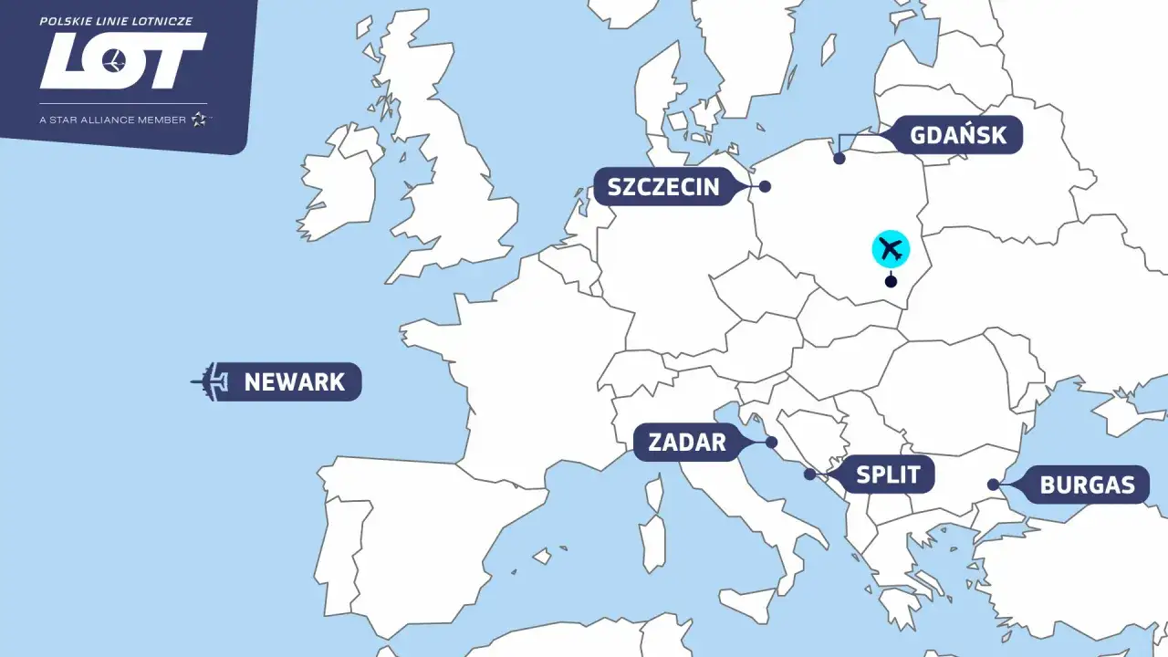 Mapa tras LOT-u: loty do Chorwacji (Split, Zadar), Bułgarii (Burgas), Polski (Gdańsk, Szczecin) i do Newark.
