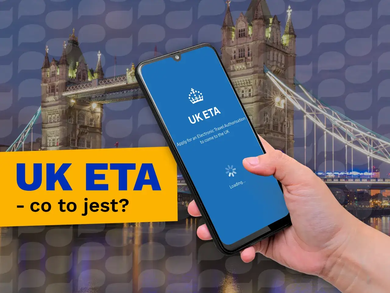 Dłoń trzyma smartfon z aplikacją UK ETA, na tle nocnego Londynu. Czy do Londynu trzeba mieć wizę? Sprawdź UK ETA.
