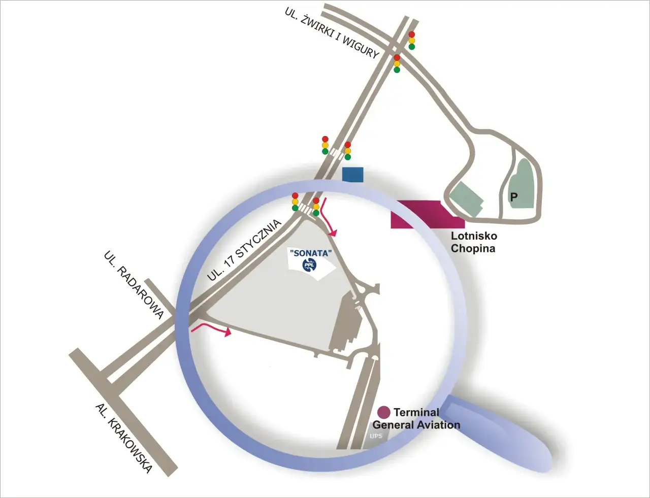 Mapa Lotniska Chopina pokazuje jeden terminal General Aviation.