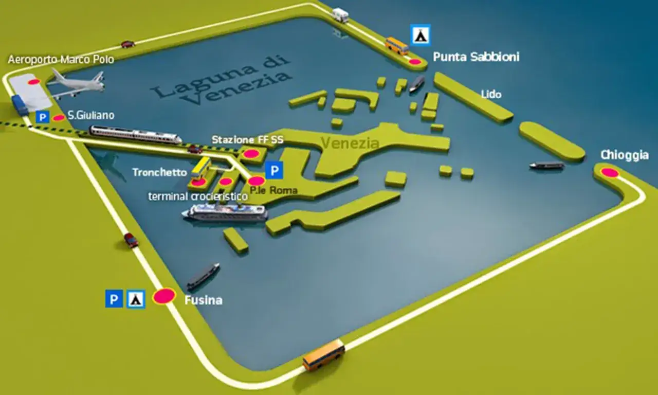 Mapa laguny w Wenecji, pokazująca lotnisko Marco Polo, stacje kolejowe, terminal promowy i punkty docelowe, idealne dla planujących loty do Wenecji.