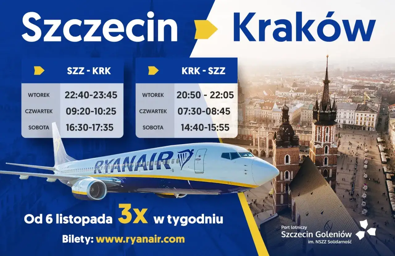 Loty Szczecin Kraków linią Ryanair. Rozkład lotów SZZ-KRK i KRK-SZZ. Bilety na www.ryanair.com.