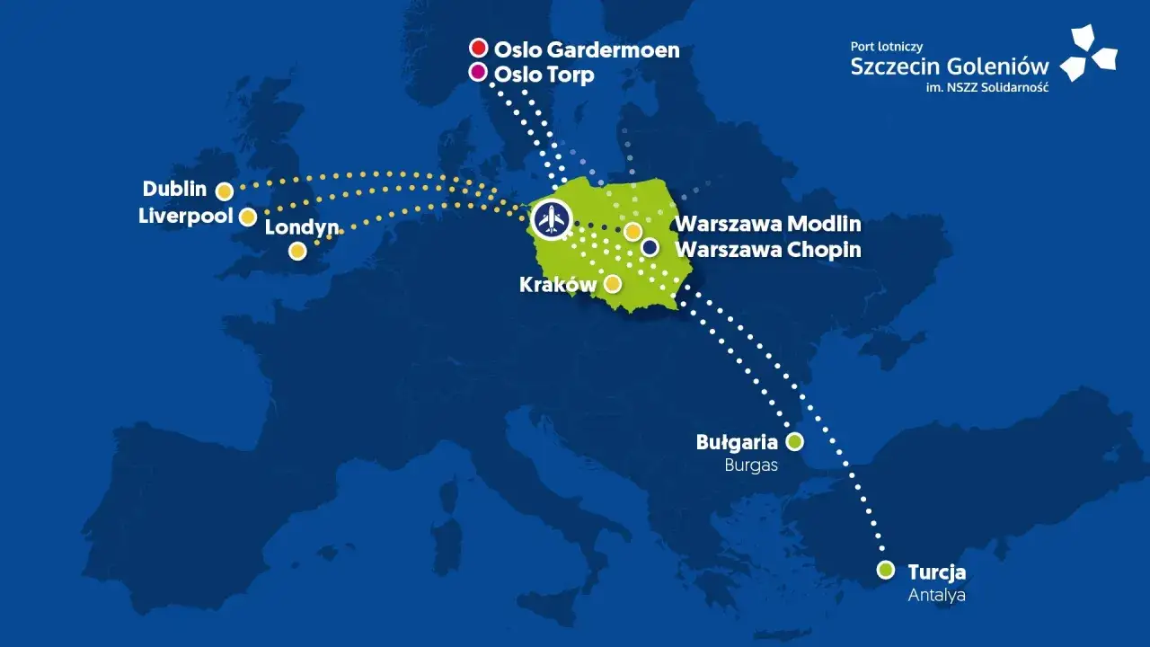 Mapa pokazuje loty z lotniska Szczecin Goleniów do Oslo, Londynu, Liverpoolu, Dublina, Krakowa, Warszawy, Burgas i Antalyi.