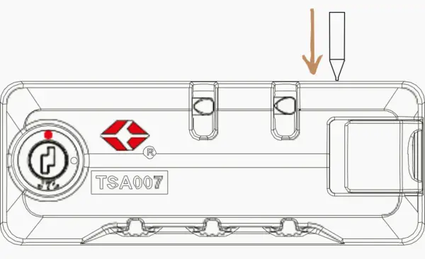 Schemat blokady TSA z cyframi i miejscem na klucz. Strzałka wskazuje, jak zresetować kod w walizce Wittchen.